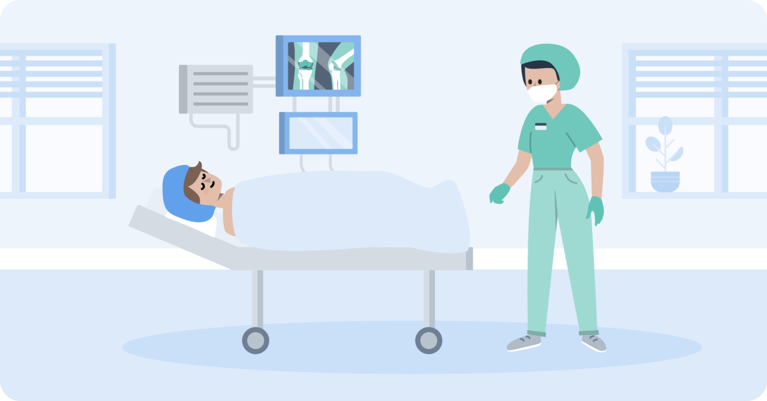 Illustration på en patient som ligger på en operationsbrits och en läkare som står bredvid. 